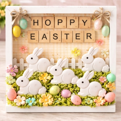 white bunny craft embellishments in Easter shadow box craft with pastel eggs and flowers DIY spring decor idea
