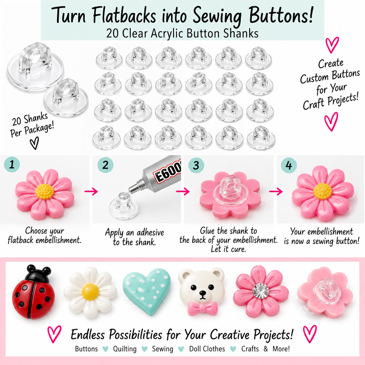 Acrylic Button Shanks – Convert Flatbacks to Sewing Buttons How to use clear acrylic button shanks to convert flatback embellishments into sewing buttons