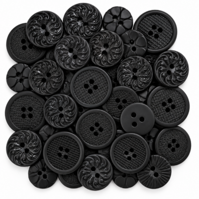 Black sewing buttons in three sizes with assorted decorative 2-hole and 4-hole designs arranged on a white background