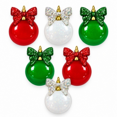 Christmas ornament buttons with glitter bows in red, green and white