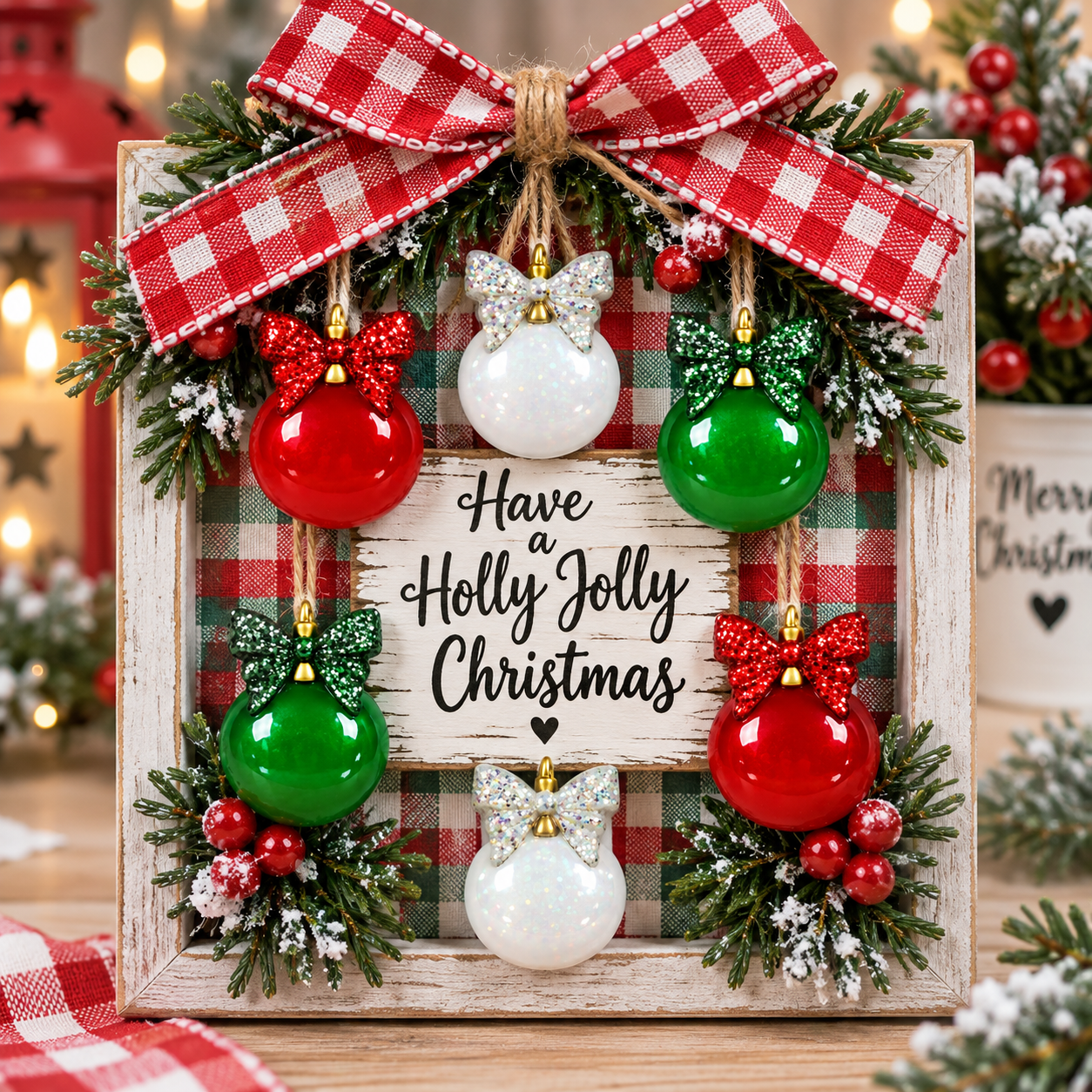 Christmas Ornament Buttons with Glitter Bows – Holly Jolly Christmas Sign Christmas Ornament Buttons with Glitter Bows – Red, Green & White - Image 2