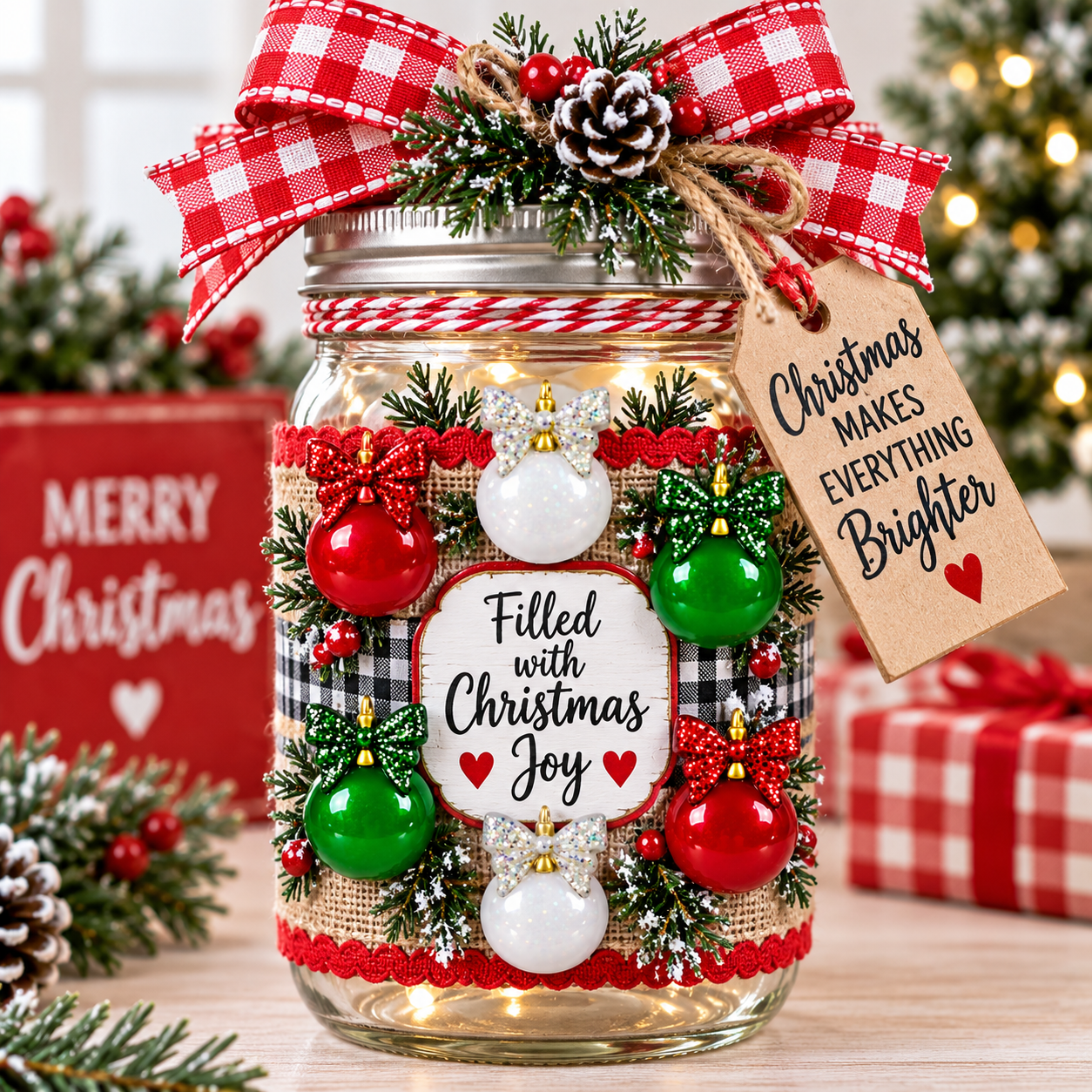 Christmas Ornament Buttons with Glitter Bows – Christmas Mason Jar Craft Christmas ornament buttons with glitter bows decorating a lighted holiday mason jar