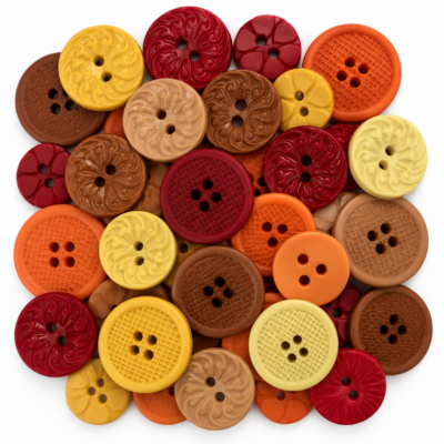 Country Harvest fall sewing buttons in red, orange, yellow, tan and brown with assorted 2-hole and 4-hole designs