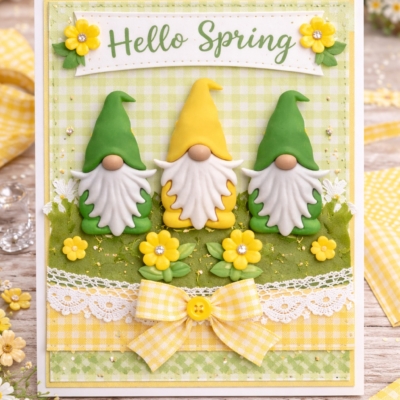 garden-gnome-spring-card-paper-craft-diy handmade spring greeting card using garden gnome craft buttons with yellow flowers and Hello Spring banner DIY paper craft idea