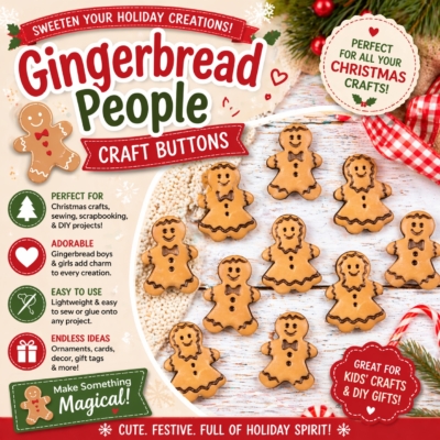 Light brown gingerbread people craft buttons promotional image for Christmas DIY crafts and holiday sewing projects