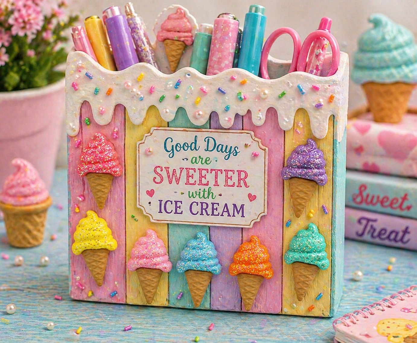 glitter-ice-cream-cone-buttons-diy-frame-craft Summer dessert themed DIY frame featuring glitter ice cream cone craft buttons and decorative sprinkles