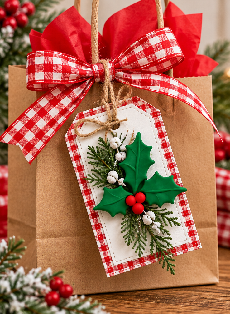 Holly Jolly Christmas – Handmade Holly Gift Tag Handmade Christmas gift tag decorated with green holly embellishment, red berries, evergreen sprigs and red gingham ribbon on a kraft gift bag