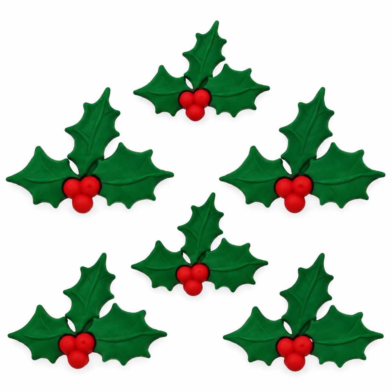Holly Jolly Christmas – Holly Craft Embellishment Set Six Christmas holly embellishments featuring dark green holly leaves and bright red berry clusters on a white background