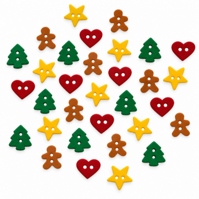 Itty Bitty Cut Out Cookies – Miniature Christmas Quilt Buttons Itty Bitty Cut Out Cookies miniature Christmas quilt buttons with tiny stars, trees, hearts and gingerbread shapes, 32 pieces