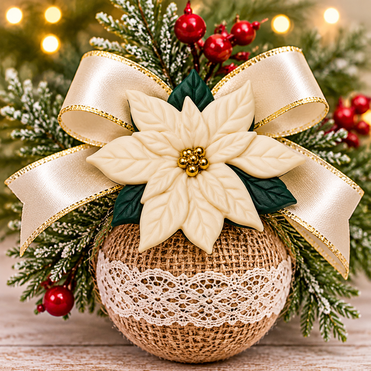 Ivory Poinsettia Buttons – Handmade Christmas Ornament Craft Handmade burlap Christmas ornament decorated with an ivory poinsettia button, cream lace, gold ribbon, evergreen branches and red berries.