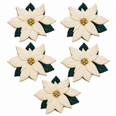 Ivory Poinsettia Christmas Craft Buttons – 5 Pieces Five ivory poinsettia Christmas craft buttons with dark green leaves and gold centers, approximately 1 inch, shank back with matte finish.