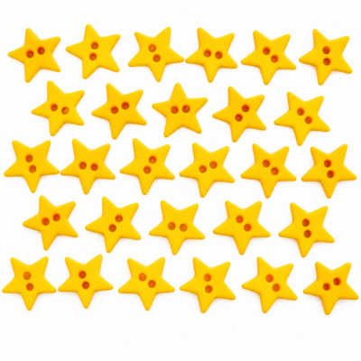 Micro mini yellow star craft buttons measuring 3/8 inch with two sewing holes and matte finish for quilting, sewing and needlepoint