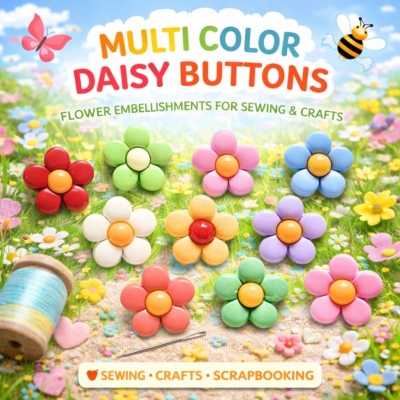 colorful daisy buttons arranged in a spring garden theme for sewing crafts scrapbooking and DIY flower embellishment projects
