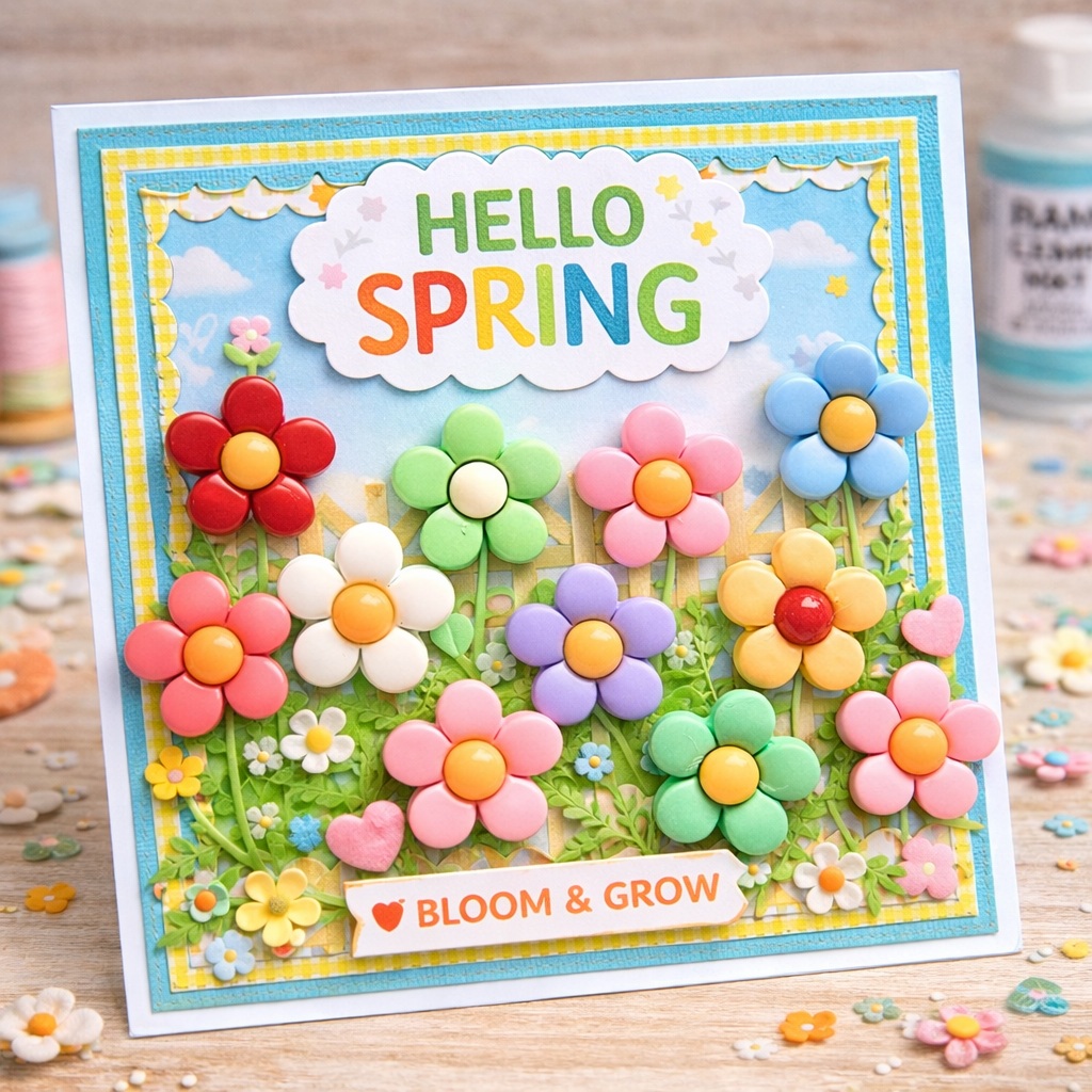 multi-color-daisy-buttons-spring-garden-card handmade spring greeting card decorated with colorful daisy buttons in a garden scene for DIY craft and scrapbooking