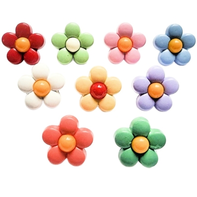 Multi Color Daisy Buttons in bright flower designs for sewing, scrapbooking, and DIY crafts.