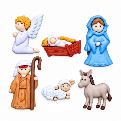 Nativity craft buttons with Mary, baby Jesus, angel, shepherd, sheep and donkey for Christmas crafts