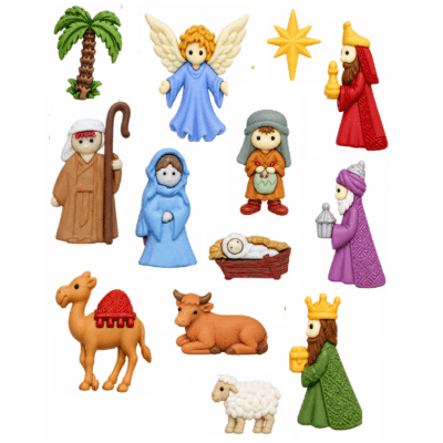 O Holy Night Nativity craft buttons with Mary Joseph Baby Jesus and Wise Men