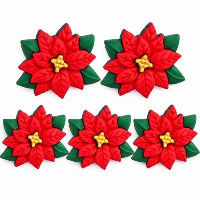 Red poinsettia Christmas craft buttons with green leaves and gold centers, five shank-back buttons per package
