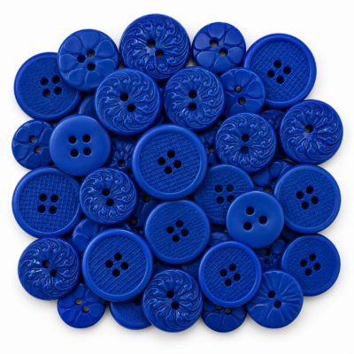Royal Blue Sewing Buttons – Color Me Collection Royal blue sewing buttons in three sizes with assorted decorative 2-hole and 4-hole designs arranged on a white background