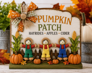 Pumpkin Patch fall sign decorated with three scarecrow craft embellishments, pumpkins, corn and fall leaves