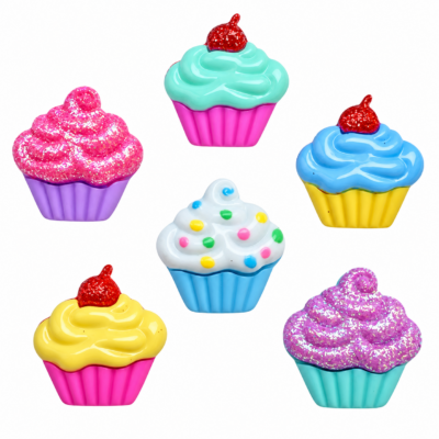 Six colorful cupcake craft buttons with pastel frosting, glitter, cherries and sprinkles