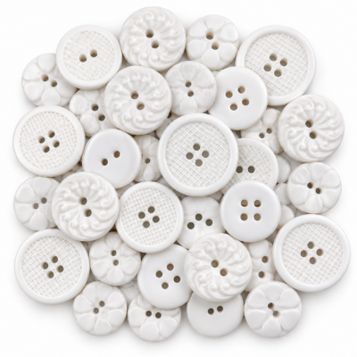 White sewing buttons in three sizes with assorted decorative 2-hole and 4-hole designs arranged on a white background