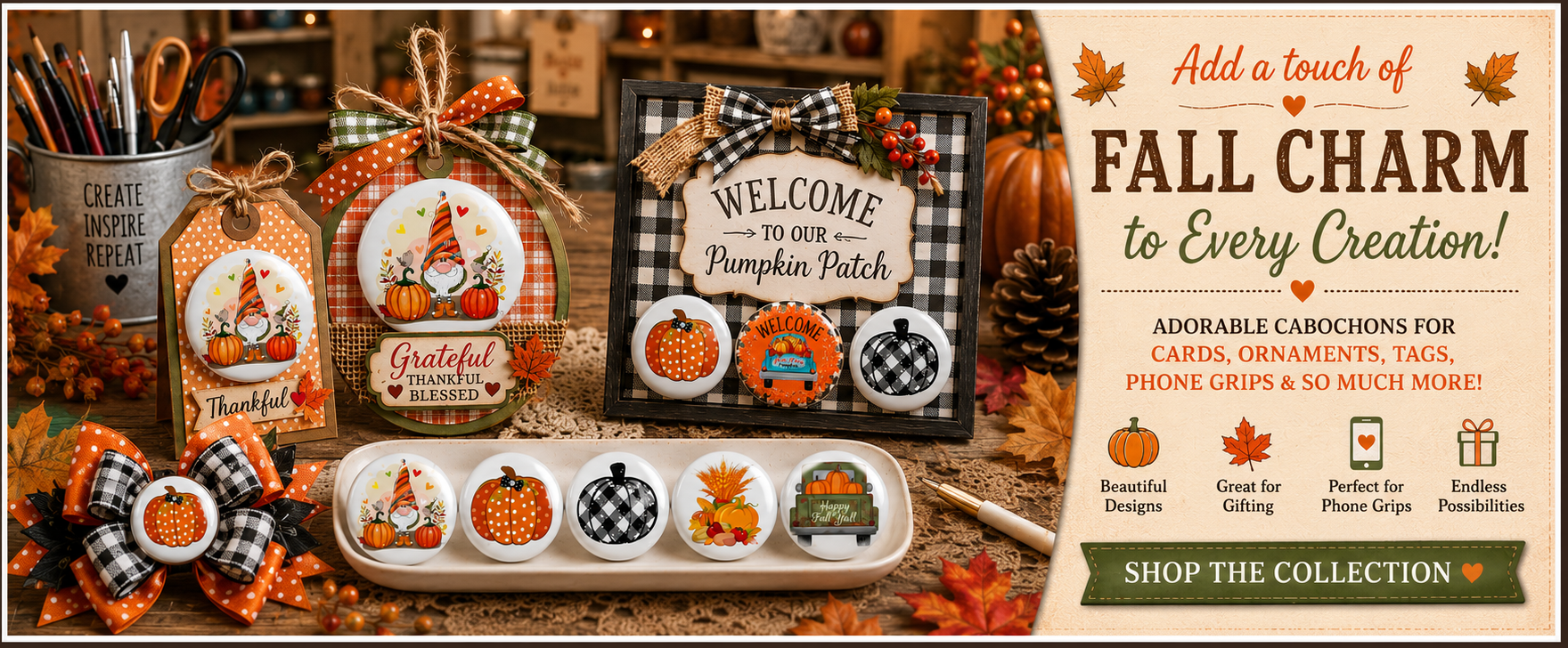 Fall cabochon collection featuring pumpkin, gnome and harvest cabochons with finished fall craft ideas