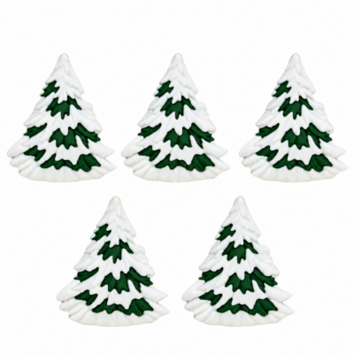 Five snow covered Christmas tree craft buttons featuring green evergreen branches, white snow and a matte finish, arranged on a white background.