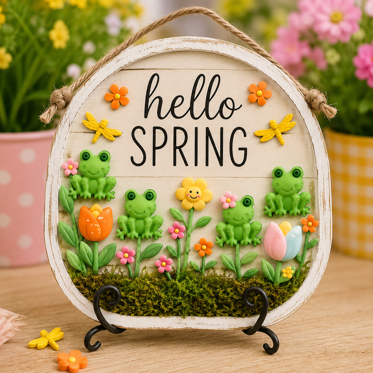 frog-flower-craft-embellishments-hello-spring-plaque.jpg Frog and flower craft embellishments on a handmade Hello Spring garden plaque