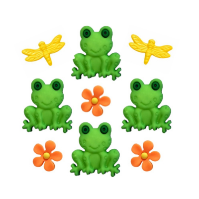 Happy frog craft buttons featuring green frogs, orange flowers, and yellow dragonflies
