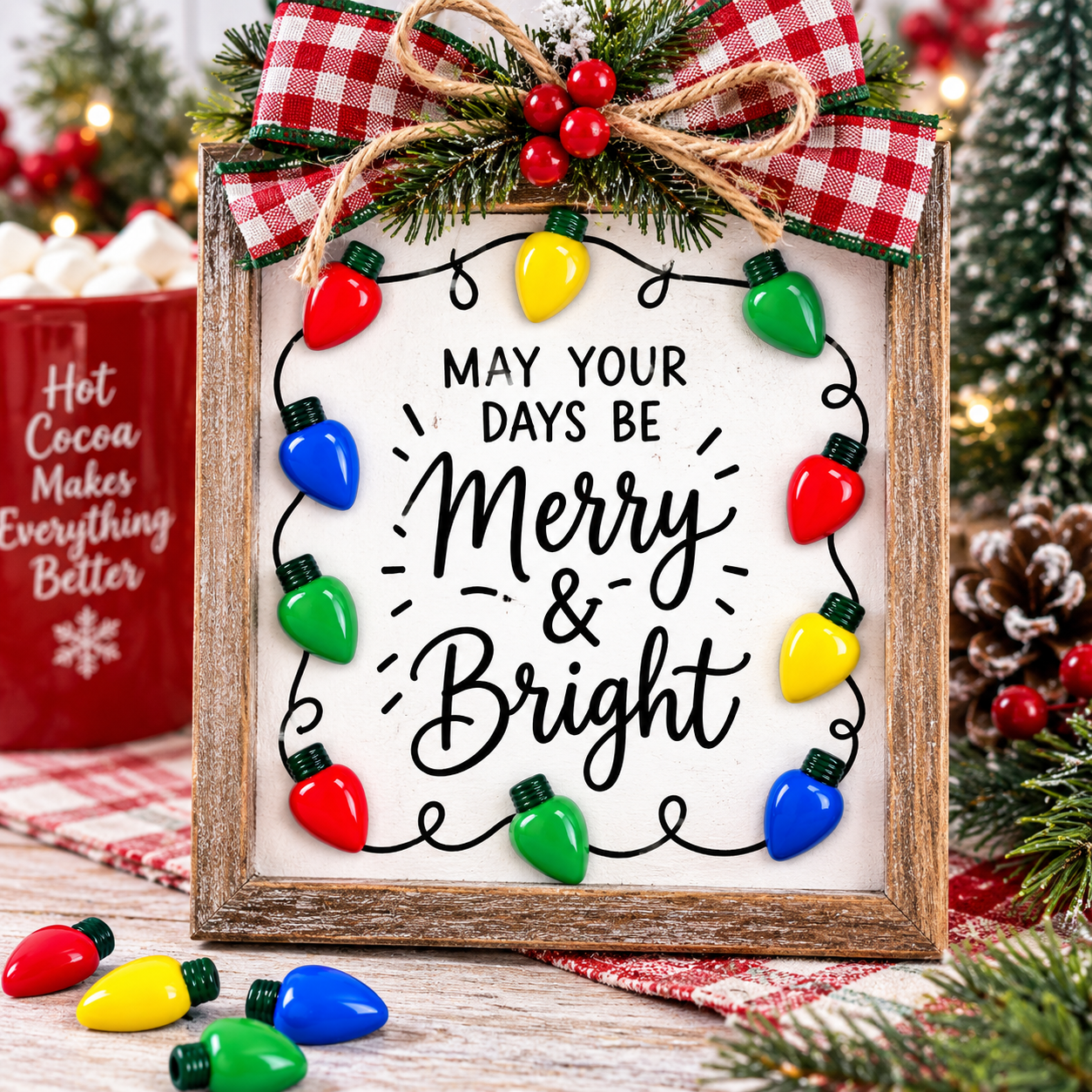 Christmas Lights Craft Buttons – Merry & Bright Holiday Sign Christmas lights craft buttons decorating a handmade Merry and Bright Christmas sign