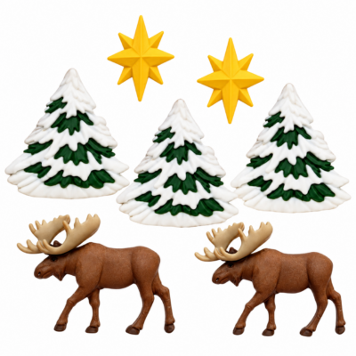 Winter Woodland Moose & Snowy Trees Craft Buttons β Set of 7 Seven winter woodland shank buttons featuring two brown moose, three green snow-covered evergreen trees and two golden stars on a white background.