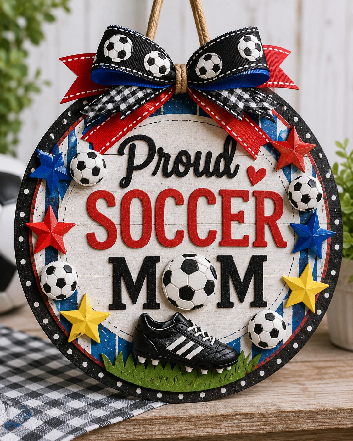 proud-soccer-mom-door-hanger-craft Handmade "Proud Soccer Mom" door hanger decorated with soccer ball and colorful star craft buttons, layered ribbon, and soccer-themed accents, perfect for team spirit décor, coach gifts, and DIY sports crafts