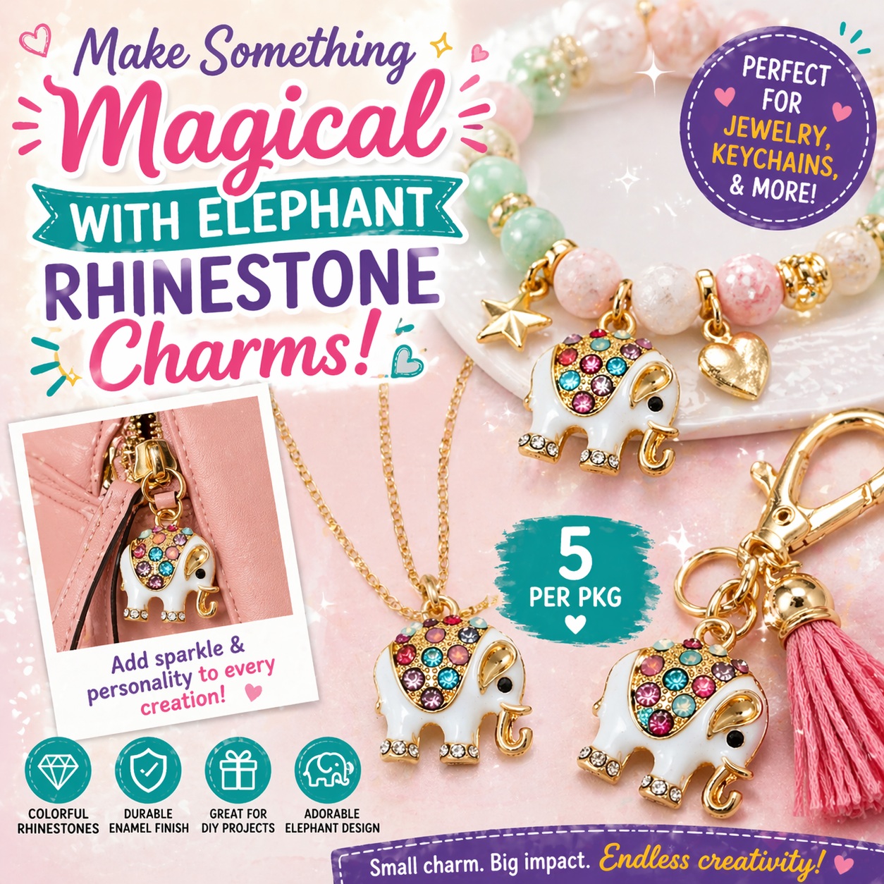 elephant-rhinestone-charms-bracelet-diy-jewelry-pin2 DIY bracelet made with elephant rhinestone charms for jewelry making and craft projects