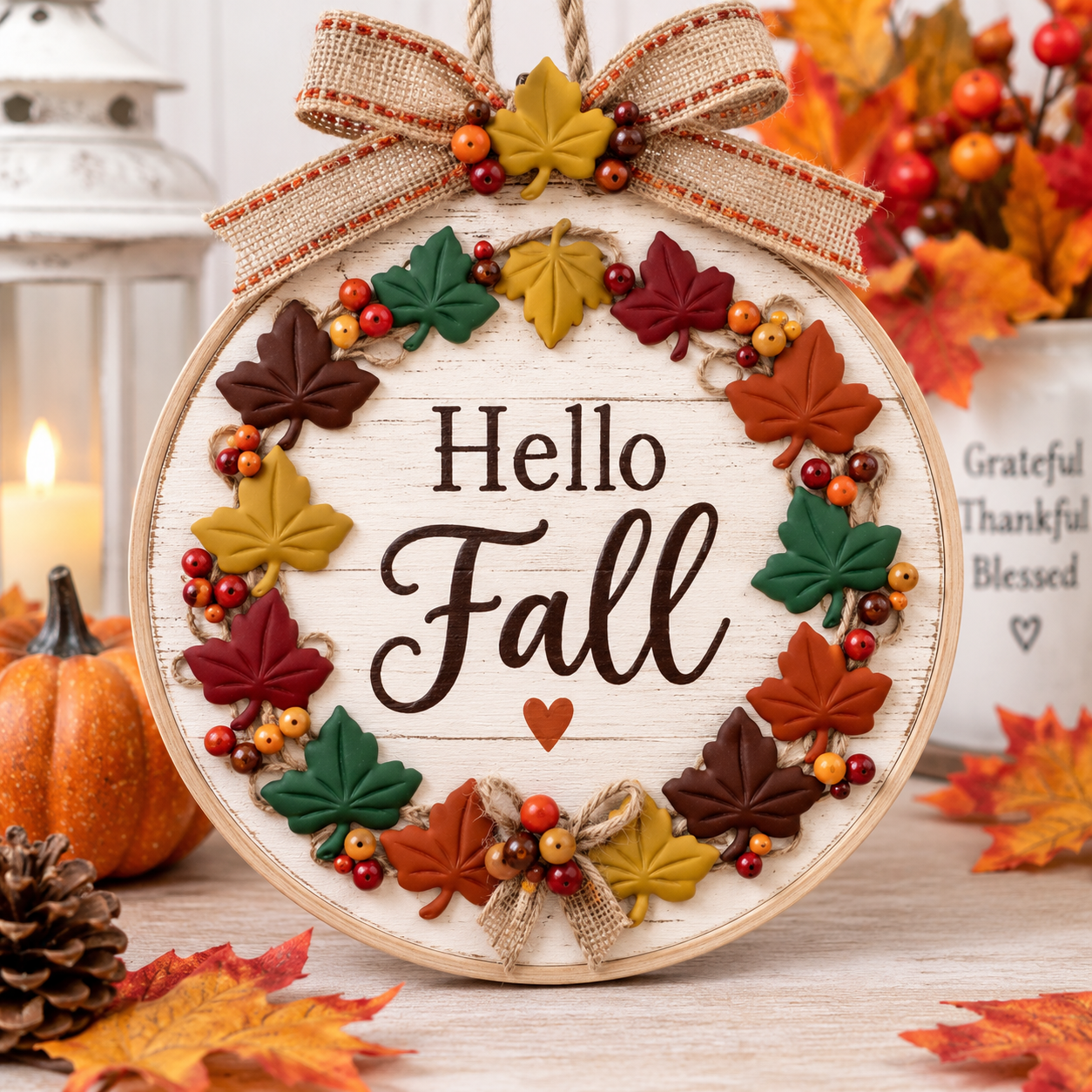 Falling Leaves Autumn Craft Buttons – Hello Fall Sign Fall leaf buttons decorating a handmade Hello Fall autumn sign