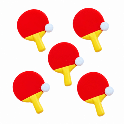 Five red ping pong paddle craft embellishments with yellow handles and balls