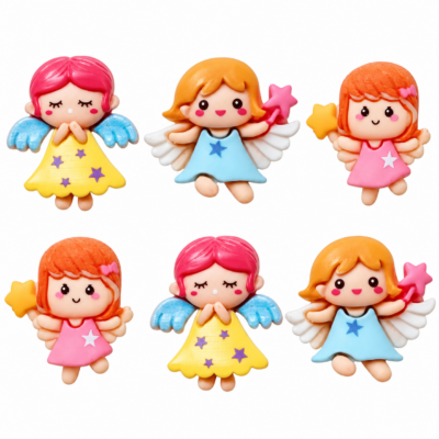 Six Angel Babies flatback craft embellishments in pink, yellow and blue, featuring wings, star details and a matte finish