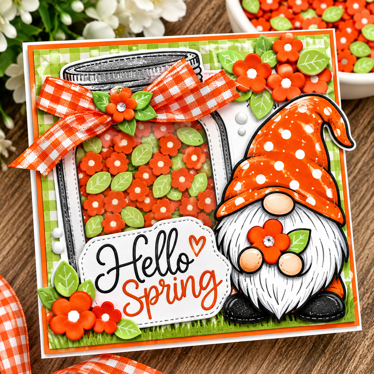 orange-flower-green-leaf-shaker-card-craft.jpg Orange flower and green leaf craft sprinkles used in a handmade shaker card with a gnome design.