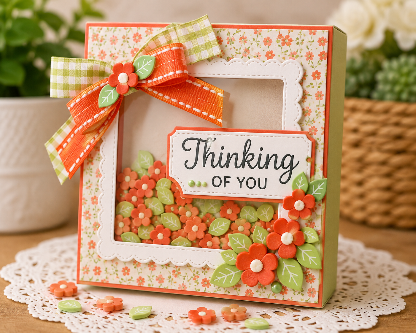 orange-flower-green-leaf-sprinkles-shadow-box-craft.jpg Orange flower and green leaf craft sprinkles used on a handmade floral shadow box craft