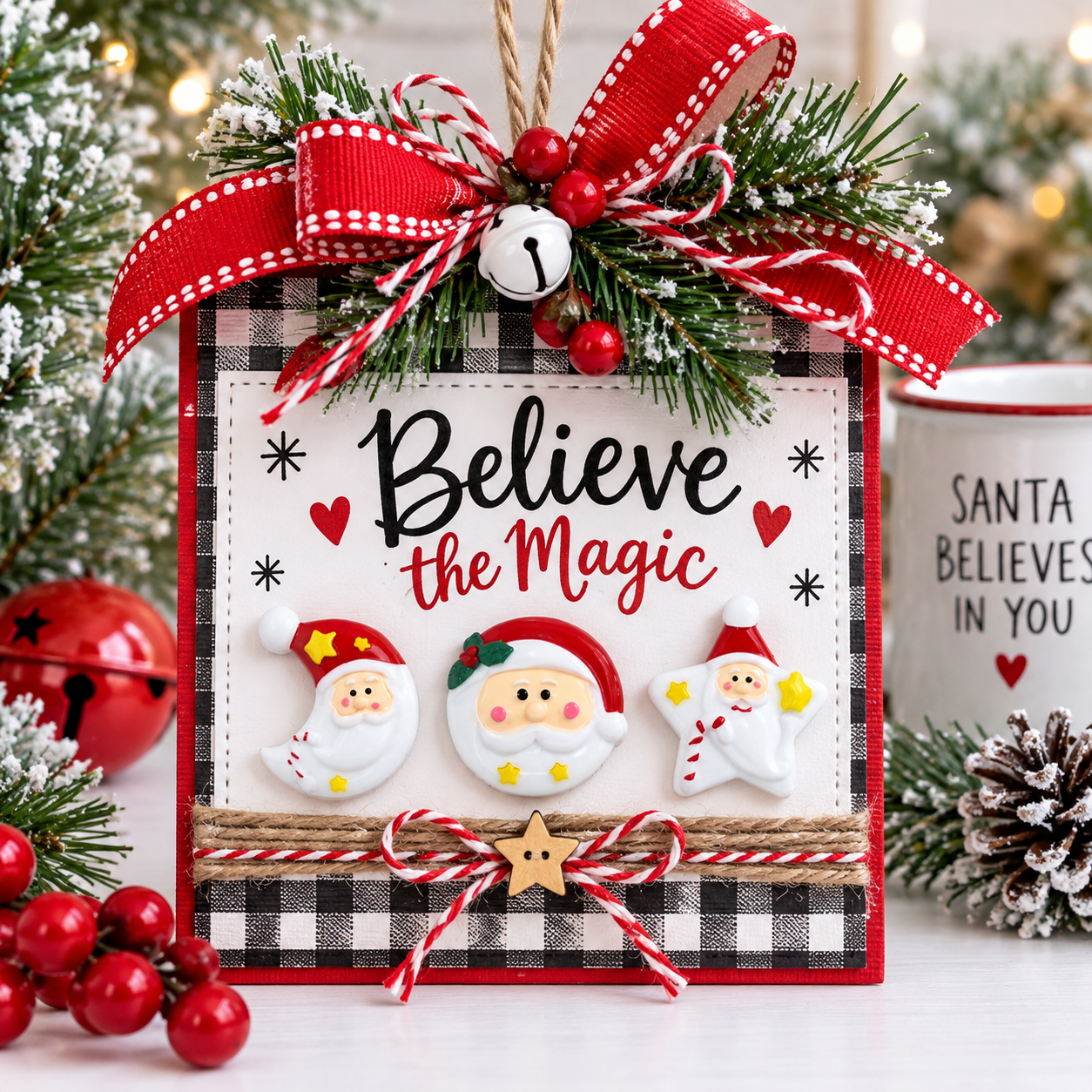 Believe in the Magic Santa Craft Embellishments – Christmas Sign Believe in the Magic Santa craft embellishments decorating a handmade Christmas sign