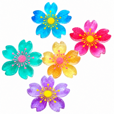 Colorful Glitter Cherry Blossom Flower Embellishments Five colorful glitter cherry blossom embellishments in blue, pink, turquoise, yellow and purple with decorative flower centers