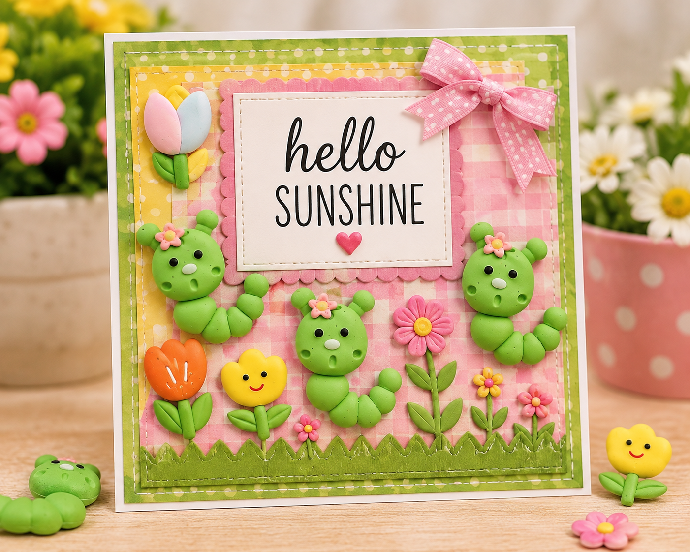 cute-little-buggers-caterpillar-handmade-card.jpg Cute Little Buggers caterpillar craft embellishments on a colorful handmade spring card