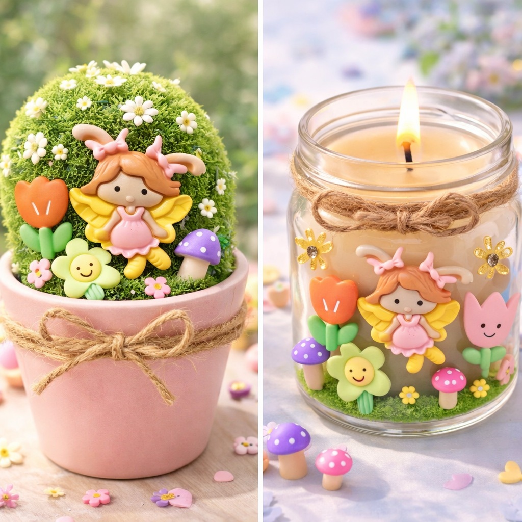 fairy-garden-flower-pot-craft-embellishment-topiary Glass candle jar decorated with fairy garden craft embellishment set including fairy and colorful flowers