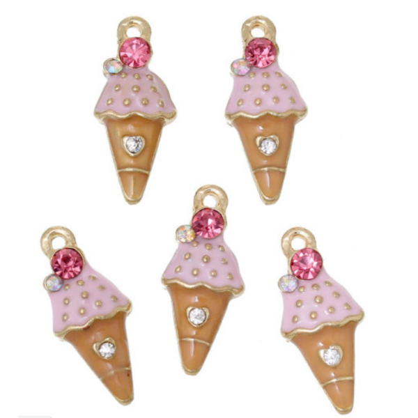 Pink Ice Cream Cone w/Rhinestone Charm -  5 per pkg