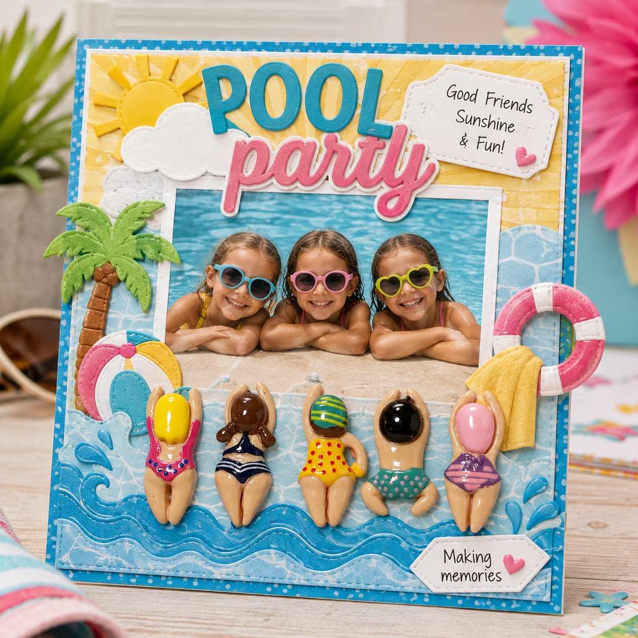 Pool Party Craft Embellishments – Summer Scrapbook Idea Pool Party craft embellishments used on a colorful summer swimming scrapbook project