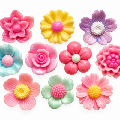 Pastel Flower Craft Embellishments – 10 Assorted Flowers Ten assorted pastel flower craft embellishments in pink, yellow, lavender, mint green and aqua with glitter and decorative centers