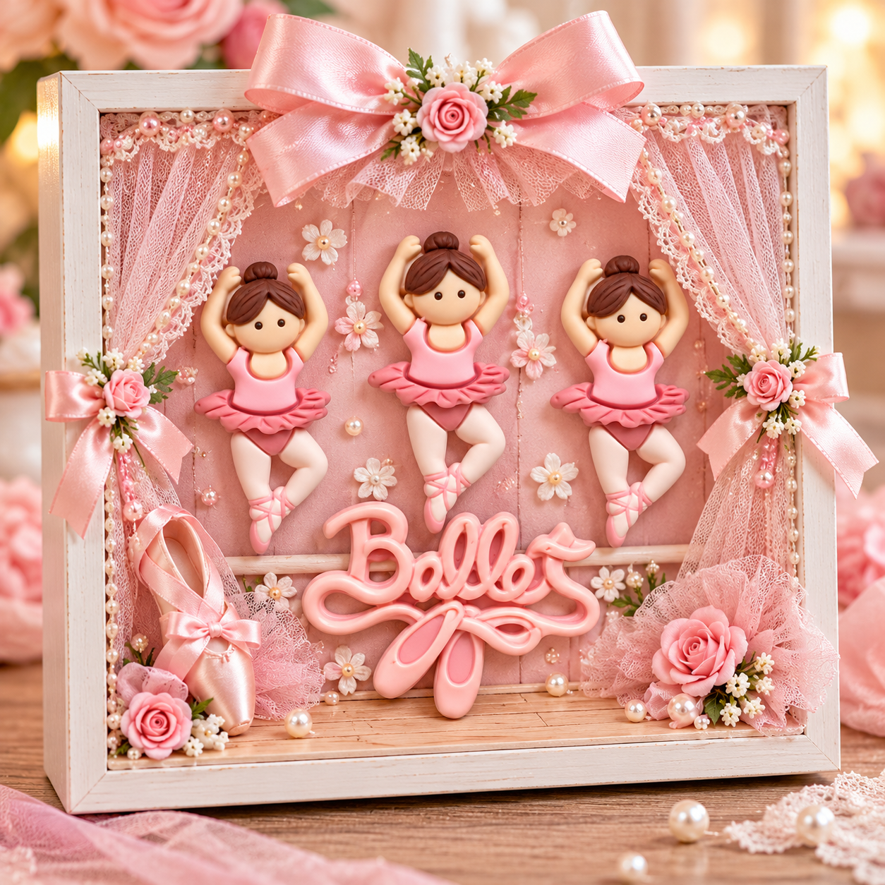 Ballet Craft Embellishments – Handmade Ballerina Shadow Box Handmade pink ballet shadow box featuring three ballerina craft embellishments, a Ballet word piece, satin bows and pink roses