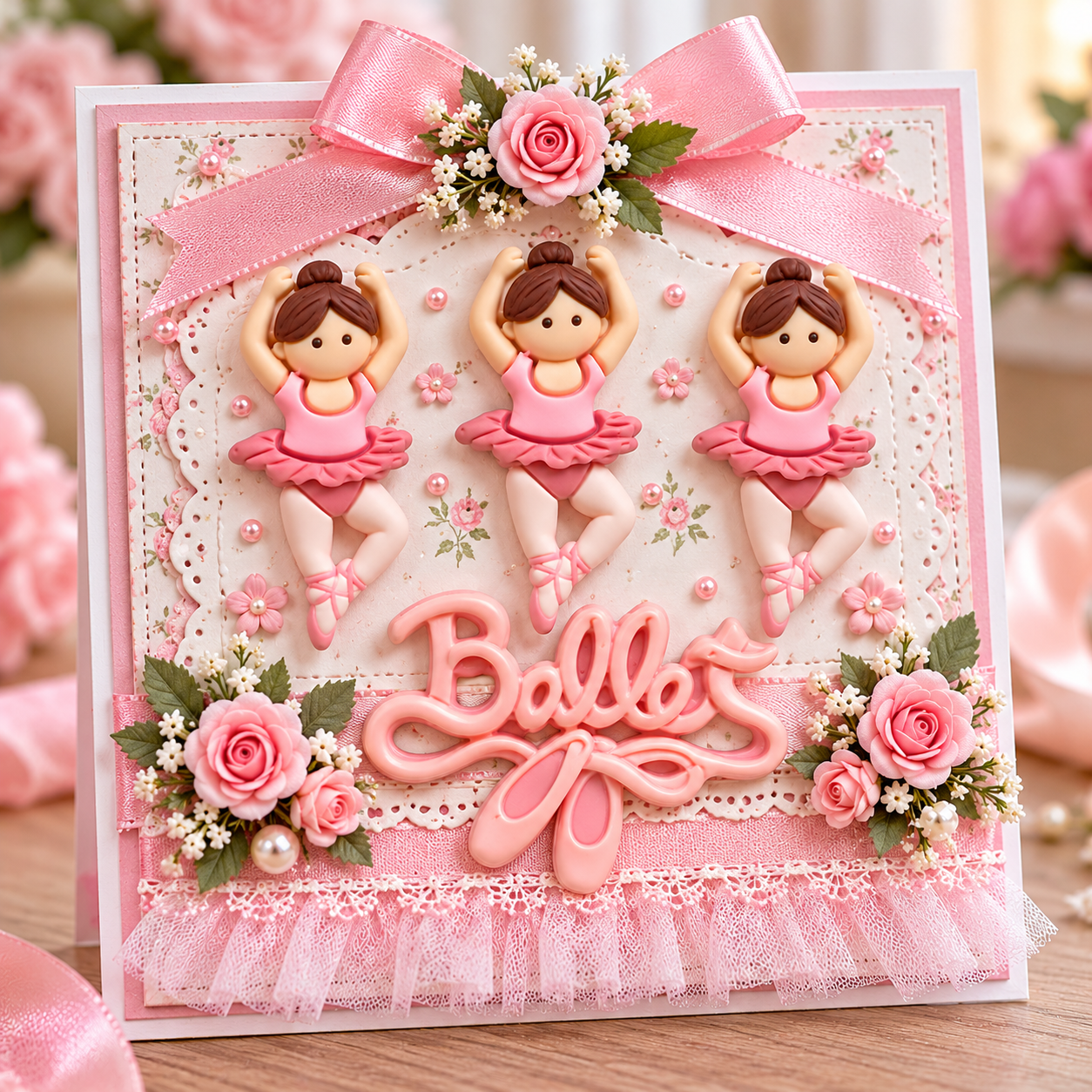 Ballet Craft Embellishments – Handmade Ballerina Birthday Card Handmade pink ballerina birthday card featuring three ballet dancer embellishments, a pink Ballet word piece, satin ribbon and roses