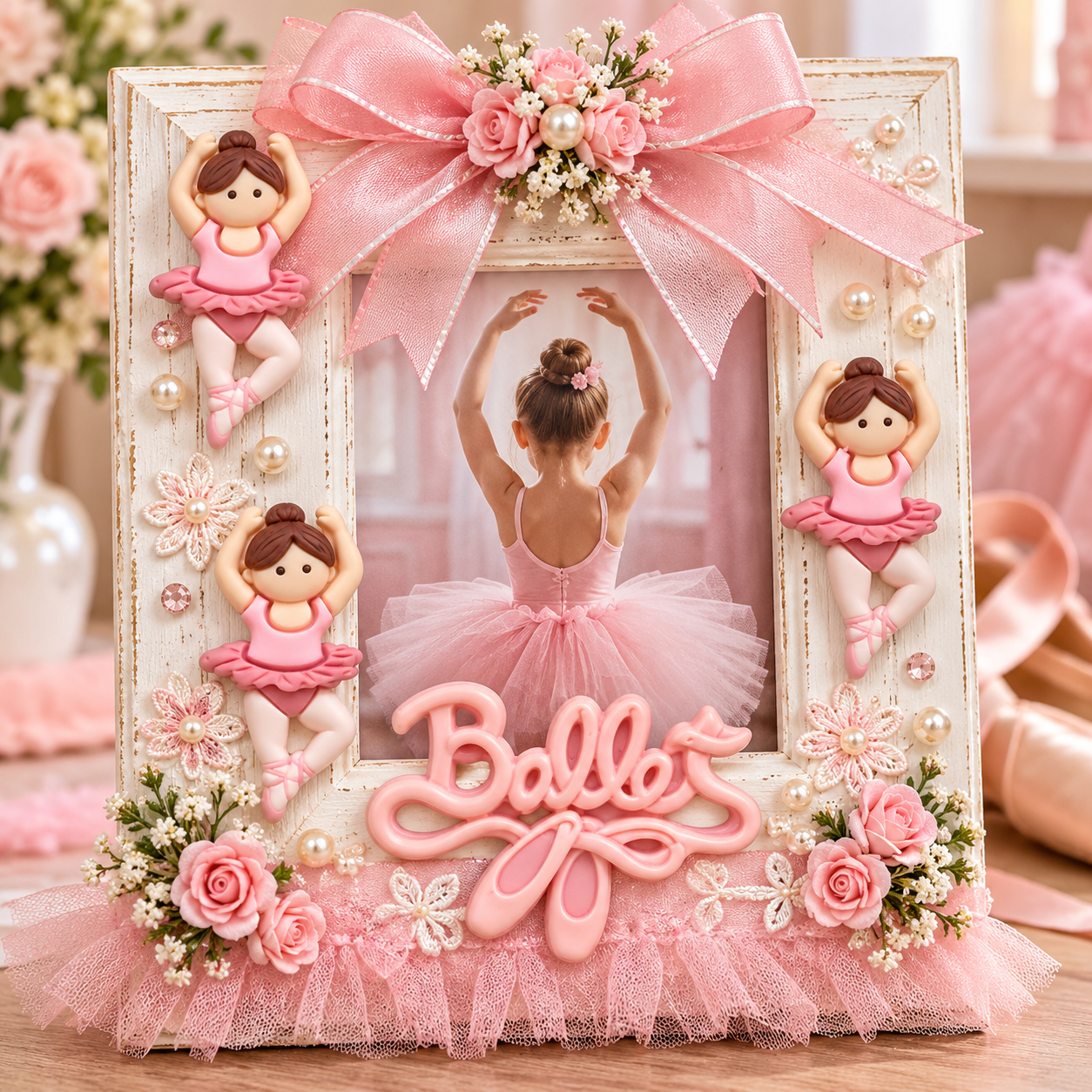 Ballet Craft Embellishments – Handmade Ballerina Recital Picture Frame Handmade ballet recital picture frame decorated with three pink ballerina embellishments and a matching Ballet word piece