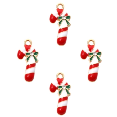 Candy Cane Charms with red and white enamel and green bows for Christmas jewelry, scrapbooking, cardmaking, and holiday crafts."